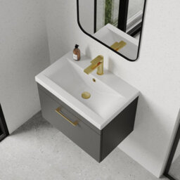 Balterley Millwich 1 Drawer Wall Hung Vanity Basin Unit - 600mm - Gloss Grey With Brushed Brass D-Shaped Handle (Tap Not Included) - thumbnail 5
