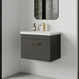 Balterley Millwich 1 Drawer Wall Hung Vanity Basin Unit - 600mm - Gloss Grey With Brushed Brass D-Shaped Handle (Tap Not Included) - thumbnail 6