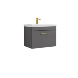 Balterley Millwich 1 Drawer Wall Hung Vanity Basin Unit - 600mm - Gloss Grey With Brushed Brass D-Shaped Handle (Tap Not Included)
