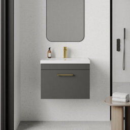 Balterley Millwich 1 Drawer Wall Hung Vanity Basin Unit - 600mm - Gloss Grey With Brushed Brass D-Shaped Handle (Tap Not Included) - thumbnail 2