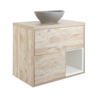 Homestylestore Light Oak 800mm Led Lit Wall Hung Bathroom Vanity Unit Oval Pebble Countertop Basin Open Shelf - image 1