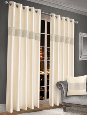 Intimates Elegant Faux Silk Curtains With Diamante Panel, Ring Top Style, Machine Cold Washable, Chic Window Coverings - Cream