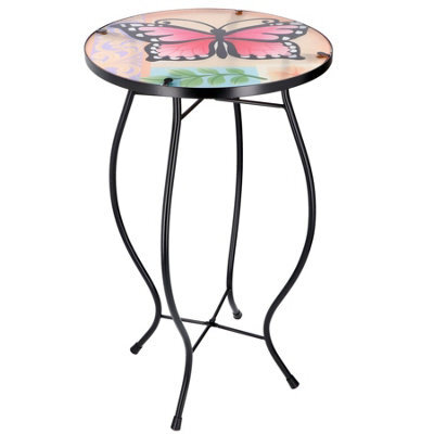 Geezy Mosaic Coffee Table Oudoor Iron Glass Round Side Butterfly Design Patio Garden - image 1