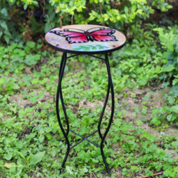 Geezy Mosaic Coffee Table Oudoor Iron Glass Round Side Butterfly Design Patio Garden - thumbnail 6