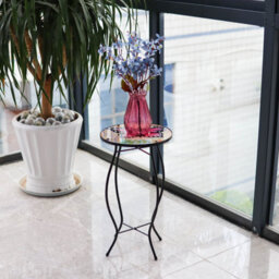 Geezy Mosaic Coffee Table Oudoor Iron Glass Round Side Butterfly Design Patio Garden - thumbnail 3