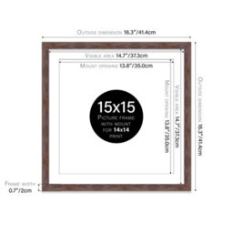 "15X15"" Walnut Picture Frame - 15X15"" Square Frame With 14X14"" Mount For 15X15""/14X14"" Pictures Moderrn Style Thin Edge, 1 Pack" - thumbnail 2