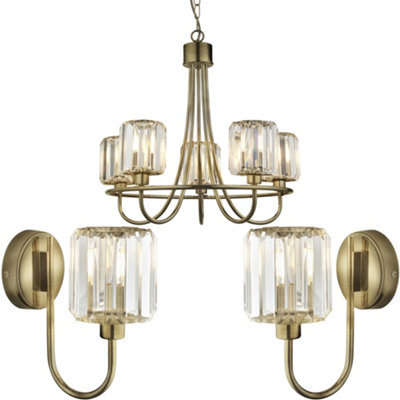 Loops 5 Light Ceiling Pendant & 2X Matching Wall Lights - Antique Brass Faceted Glass Lamp - image 1