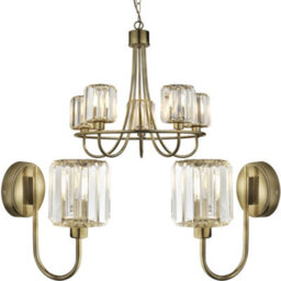 Loops 5 Light Ceiling Pendant & 2X Matching Wall Lights - Antique Brass Faceted Glass Lamp