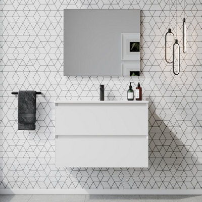 Banyetti Kameo 800mm Wall Hung 2 Drawer Vanity Unit With Basin - Matt White - image 1