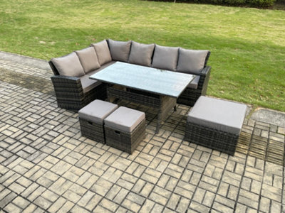 Fimous 9 Seater Garden Rattan Furniture Corner Dining Set With 3 Footstools Indoor Outdoor Lounge Sofa Set Dark Grey Mixed - image 1