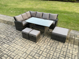 Fimous 9 Seater Garden Rattan Furniture Corner Dining Set With 3 Footstools Indoor Outdoor Lounge Sofa Set Dark Grey Mixed - thumbnail 1
