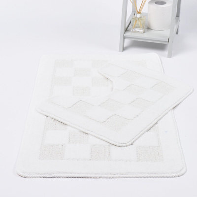 Homes & Linen Bath Mat & Pedestal Set 2 Piece Squares White Non Slip Bathroom Toilet Rug Bath Mats Set