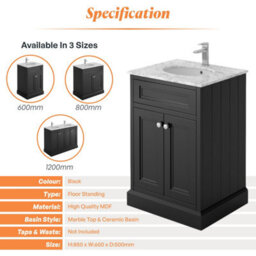 Plum&clay Fairmont Traditional Black Square Floor Standing Vanity Unit With White Marble Top & Ceramic Basin (W)600mm - thumbnail 5