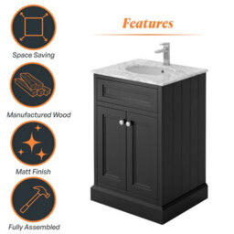 Plum&clay Fairmont Traditional Black Square Floor Standing Vanity Unit With White Marble Top & Ceramic Basin (W)600mm - thumbnail 6