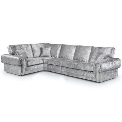 Furnishings For Less UK Chelsea Silver Crushed Velvet Long 5 Seater Large Corner Sofa 1 Corner 3 Rolled Arms