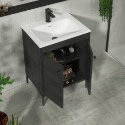 Royal Bathrooms Verona 600mm Black Woodgrain Floor Standing Vanity Unit 2 Door With Stone Basin & Matt Black Knob - thumbnail 5