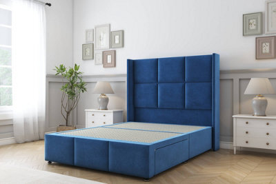 "Sloomy Beaumont Navy Plush Divan Bed Base No Drawers - 54"" Wingback Headboard & 12"" Footboard 4'6 Double" - image 1