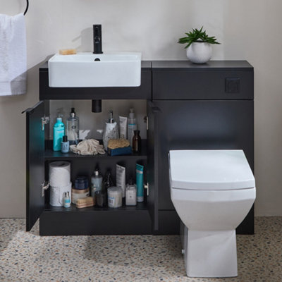 Homestylestore 1050mm Black Grey Bathroom Combination Vanity Unit With Toilet Pan And Black Finger Pull Handle - image 1