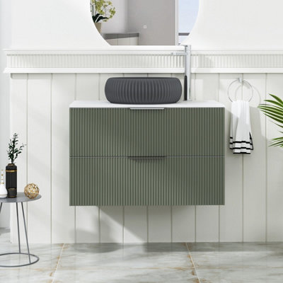Royal Bathrooms Evora 800mm Sage Green Fluted Wall Hung Countertop Vanity Unit 2 Drawer With Milan Black Basin - image 1