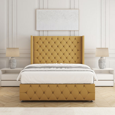"Bsspoke Ruby Divan Bed Set In Mustard Plush Velvet With 54"" Headboard & Footboard Mattress & No Drawers In Double King 4Ft 6Ft" - image 1