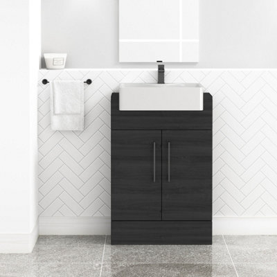 Royal Bathrooms Elena 600mm Hale Black Floor Standing Bathroom Vanity Unit With 2 Door Black Handle & Semi Recessed Basin - image 1