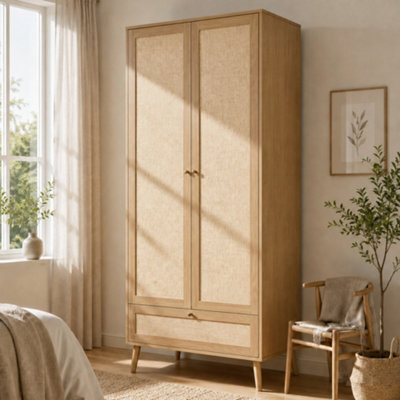 Matteo Natural Oak Rattan-Effect Double Wardrobe With Drawer, Hanging Rail & Raised Legs - 180H X 80W X 55D Cm - image 1