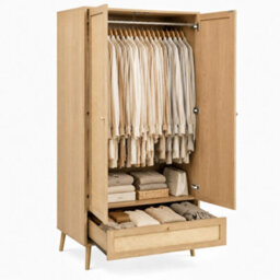 Matteo Natural Oak Rattan-Effect Double Wardrobe With Drawer, Hanging Rail & Raised Legs - 180H X 80W X 55D Cm - thumbnail 9