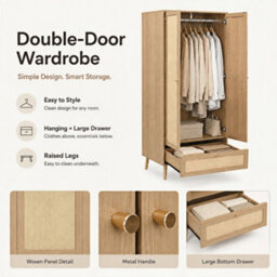 Matteo Natural Oak Rattan-Effect Double Wardrobe With Drawer, Hanging Rail & Raised Legs - 180H X 80W X 55D Cm - thumbnail 8