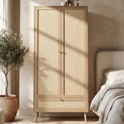 Matteo Natural Oak Rattan-Effect Double Wardrobe With Drawer, Hanging Rail & Raised Legs - 180H X 80W X 55D Cm - thumbnail 5