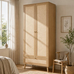Matteo Natural Oak Rattan-Effect Double Wardrobe With Drawer, Hanging Rail & Raised Legs - 180H X 80W X 55D Cm - thumbnail 1