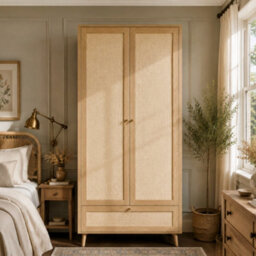 Matteo Natural Oak Rattan-Effect Double Wardrobe With Drawer, Hanging Rail & Raised Legs - 180H X 80W X 55D Cm - thumbnail 3