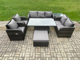 Fimous Rattan Outdoor Garden Furniture Sets Height Adjustable Rising Lifting Dining Table Reclining Chair Sofa Set - thumbnail 1