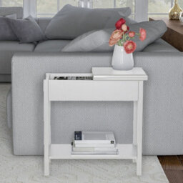 2-Tier Wooden Flip Top Sofa Side End Table White Nightstand Narrow Shelf Storage - thumbnail 5