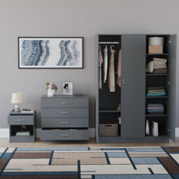 Lassic Vida Designs Riano 3 Piece Bedroom Set (1 Drawer Bedside Chest, 4 Drawer Chest, 3 Door Wardrobe), Grey - thumbnail 2