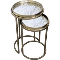 Maison Des Cadeaux Nesting Round Side Tables- Antique Silver With Marble Effect Top Tray