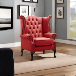 Chesterfield High Back Wing Chair Shelly Poppy Red Leather Bespoke In Queen Anne Style - thumbnail 3