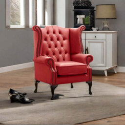 Chesterfield High Back Wing Chair Shelly Poppy Red Leather Bespoke In Queen Anne Style - thumbnail 2
