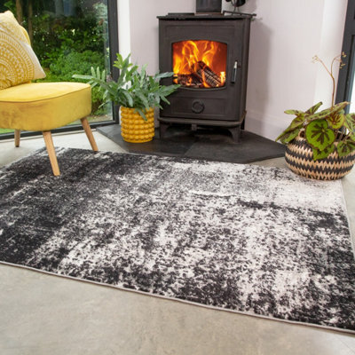 Loomed Black Grey Monochrome Super Soft Distressed Abstract Area Rug 120X170Cm