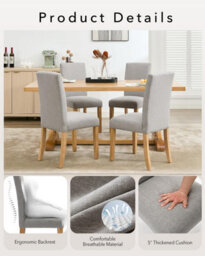 London Boutique Grey 2Pcs Upholstered Dining Chairs, Linen Kitchen Chairs With Curved Backs And Rubberwood Legs - thumbnail 4