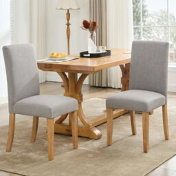 London Boutique Grey 2Pcs Upholstered Dining Chairs, Linen Kitchen Chairs With Curved Backs And Rubberwood Legs - thumbnail 1