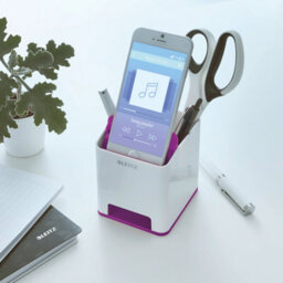 Leitz Wow White Purple Plastic Home Office Desktop Storage Organiser Square Sound Boosting Pen Pencil Stationery Tidy Holder Pot - thumbnail 2