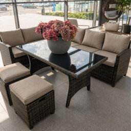 Heze Furniture Malaga Rattan Garden Lounge Set With Table, Sofas And Cushioned Stools - Brown - thumbnail 2