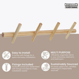 Keypak 4 Hook Floating Coat Rack 60Cm Pine Wood - Wall Mounted Space Saving Hanger For Coats, Scarfs, Bags & Everyday Accessories - thumbnail 2