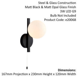 Matt Black Contemporary Bathroom Wall Light & Opal Sphere Glass Shade Ip44 Rated - thumbnail 2