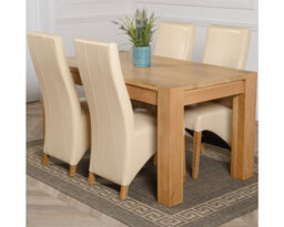 That's Furniture Kuba 150 X 85 Cm Chunky Medium Oak Dining Table And 4 Chairs Dining Set With Lola Ivory Leather Chairs