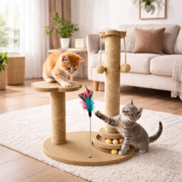 Indoor Cat Scratcher Activity Centre Sisal Scratch Posts Rest Platform Hanging Rope Balls Feather Toy - thumbnail 2