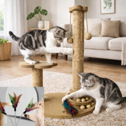 Indoor Cat Scratcher Activity Centre Sisal Scratch Posts Rest Platform Hanging Rope Balls Feather Toy - thumbnail 6
