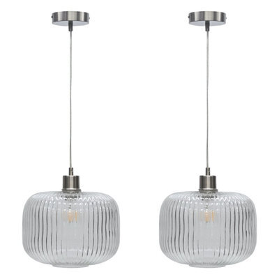 First Choice Lighting Set Of 2 Baton - White Ribbed Oval Glass With Satin Nickel Pendants - image 1