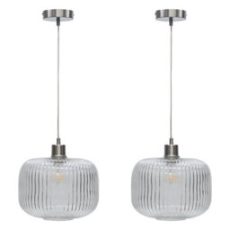 First Choice Lighting Set Of 2 Baton - White Ribbed Oval Glass With Satin Nickel Pendants