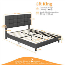 Yaheetech Dark Grey 5Ft King Upholstered Bed Frame With Square Tufted Adjustable Headboard And Wooden Slats Support - thumbnail 4
